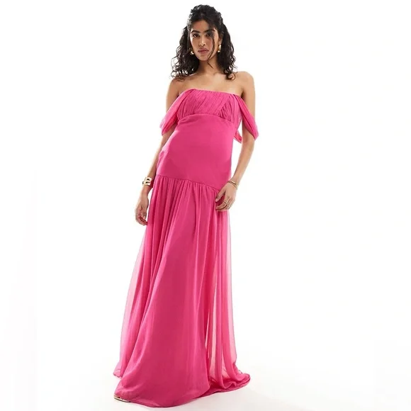 ASOS | Dresses | Nwt Asos Drape Off Shoulder Dropped Waist Maxi Dress In  Fuchsia Sizes 6 8 | Poshmark